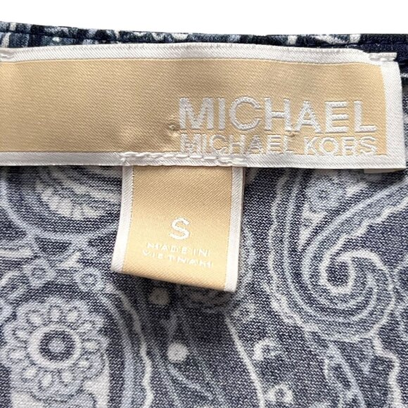 Michael Kors Paisley Bell Sleeve Top Metallic Shoulder VNeck Navy White S Womens - Picture 4 of 11